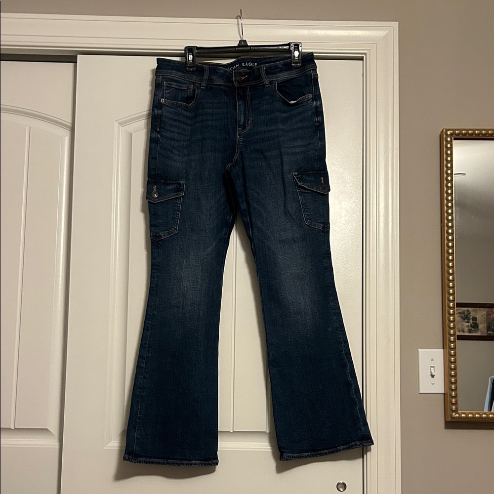American Eagle Outfitters Dark Blue Low-Rise Flare Cargo Jeans